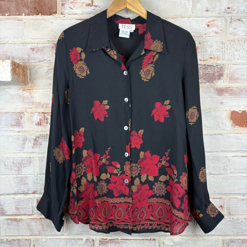 Vintage Tess 100% Silk Blouse Black Red Floral Whimsygoth Y2K Top Large